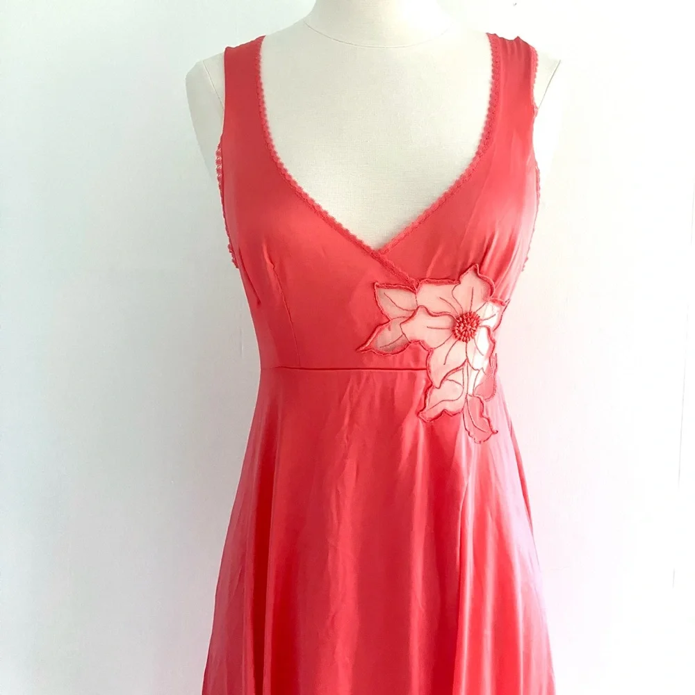 Vintage 70’s coral red orange lace flower slip gown dress & robe jacket set - Picture 4 of 16